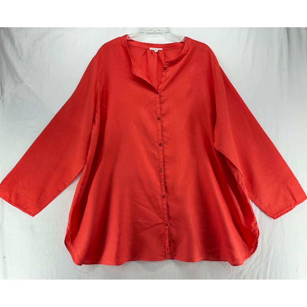Eileen Fisher Woman 3X Coral Red Organic Irish Linen Button Front Tunic Top